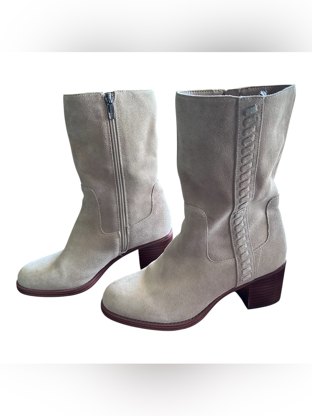 Women's Taupe cream Suede Mid-Calf Heeled Boots water repellent 8 M